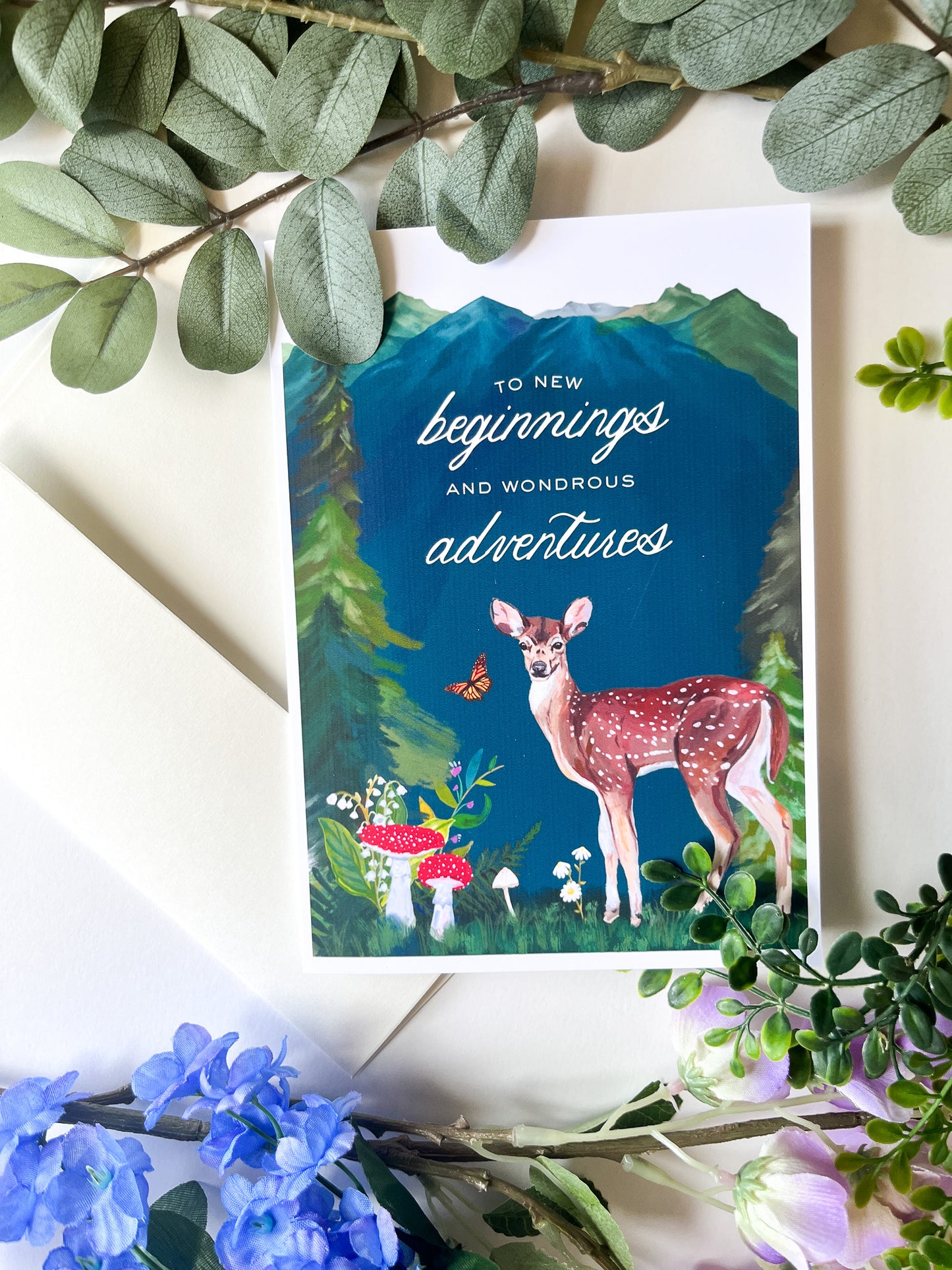 To New Beginnings Greeting Card – 5x7 Nature-Inspired Card with Deer & Watercolor Envelope Liner