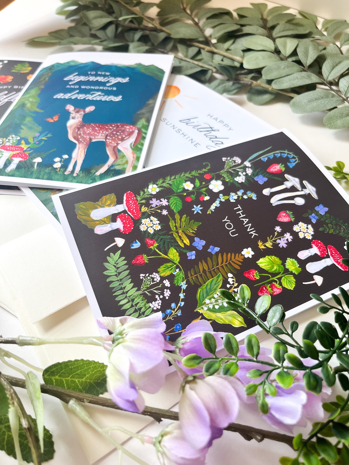 Nature-Themed Greeting Card Set – 4-Pack Illustrated Cards with Matching Envelopes | Birthday, Thank You, Encouragement & Everyday