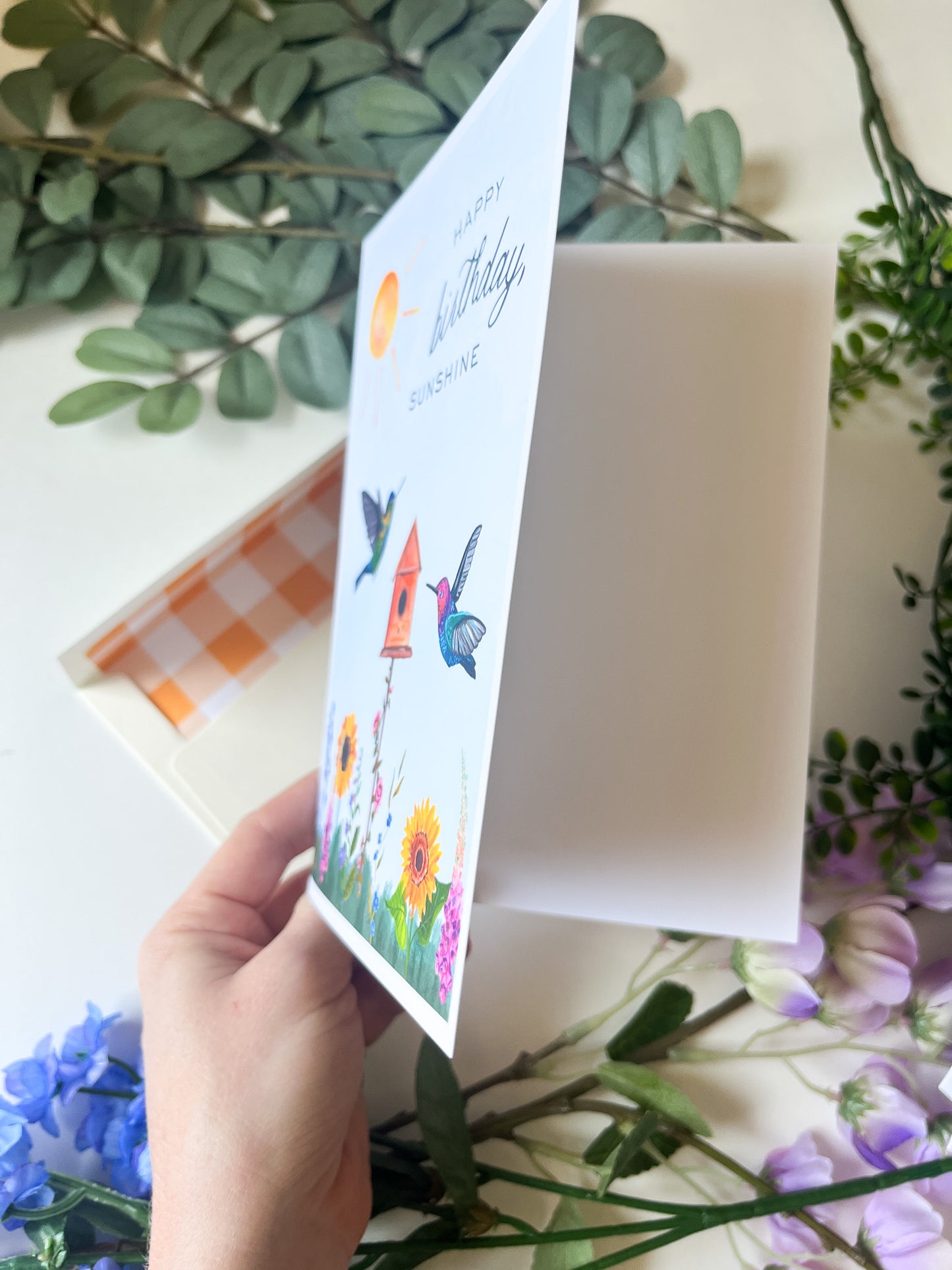 Happy Birthday Sunshine Greeting Card – 5x7 Hummingbird & Sunflower Illustration with Gingham Envelope Liner