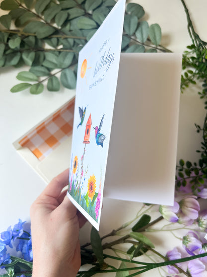 Happy Birthday Sunshine Greeting Card – 5x7 Hummingbird & Sunflower Illustration with Gingham Envelope Liner