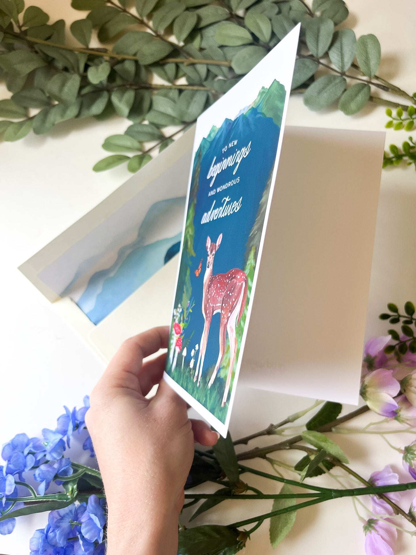 To New Beginnings Greeting Card – 5x7 Nature-Inspired Card with Deer & Watercolor Envelope Liner