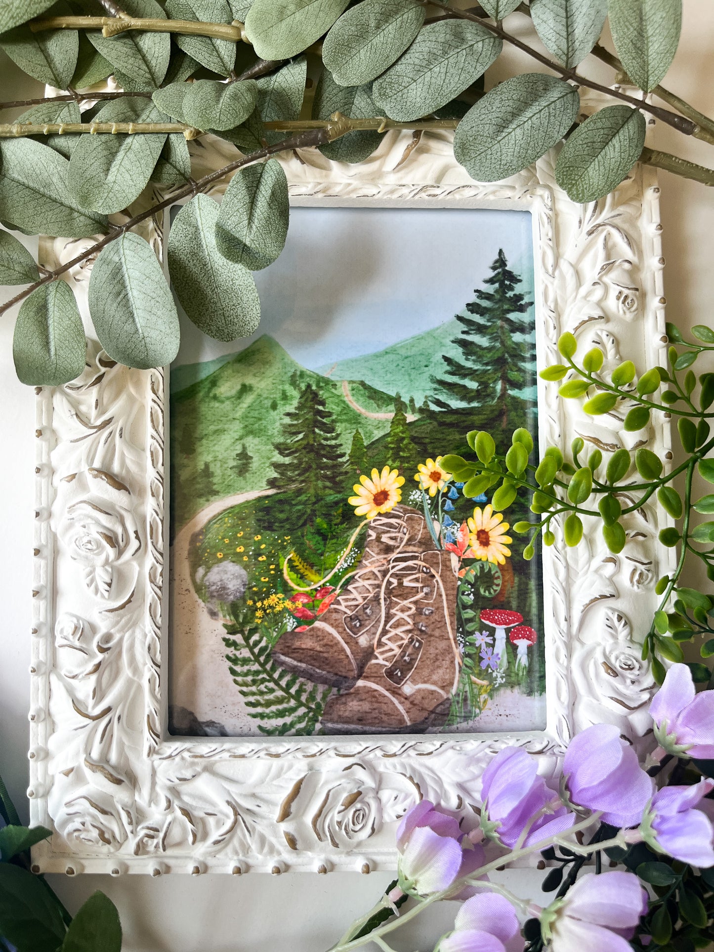 Forest Journey Art Print – Hiking Boots & Wildflower Scene | Satin-Finish Photo Paper, 5×7 • 8×10 • 11×14 (Quote Option Available)