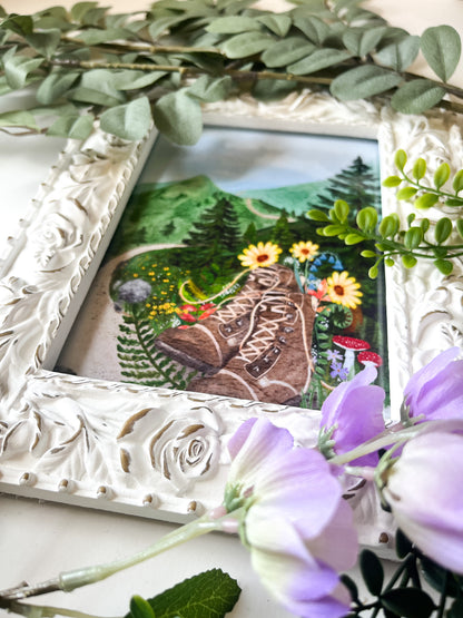 Forest Journey Art Print – Hiking Boots & Wildflower Scene | Satin-Finish Photo Paper, 5×7 • 8×10 • 11×14 (Quote Option Available)