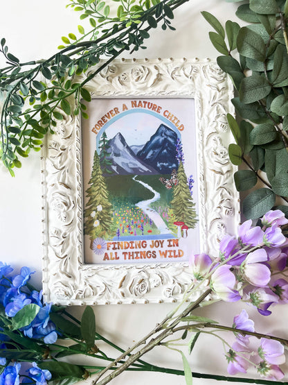 Forever a Nature Child Art Print – Finding Joy in All Things Wild | 5×7, 8×10, 11×14 | Mountain & Wildflower Illustration on Satin Photo Paper