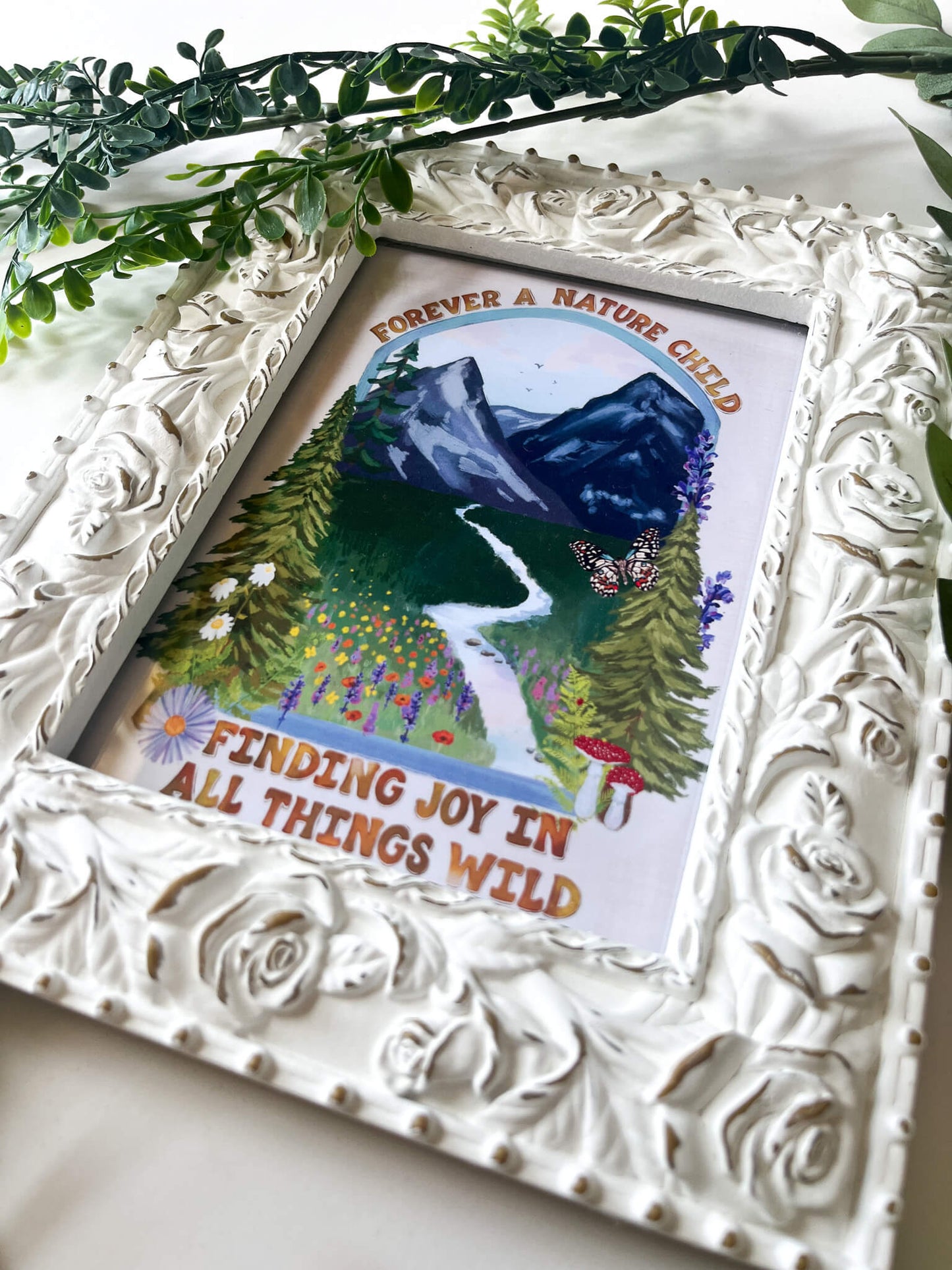 Forever a Nature Child Art Print – Finding Joy in All Things Wild | 5×7, 8×10, 11×14 | Mountain & Wildflower Illustration on Satin Photo Paper
