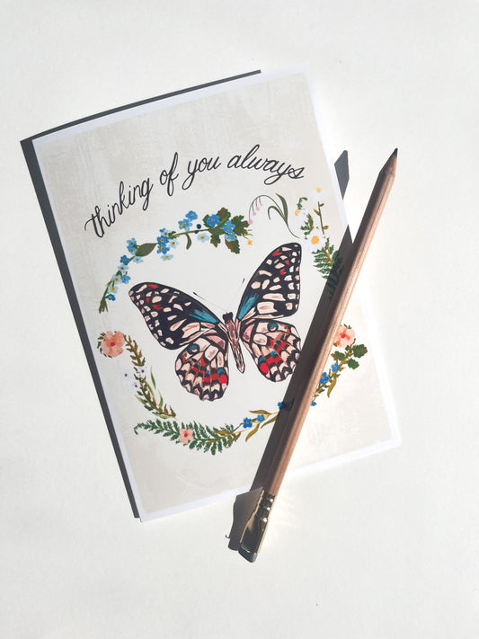 Thinking of You Always Greeting Card – 5x7 Butterfly & Floral Design with Matching Envelope Liner