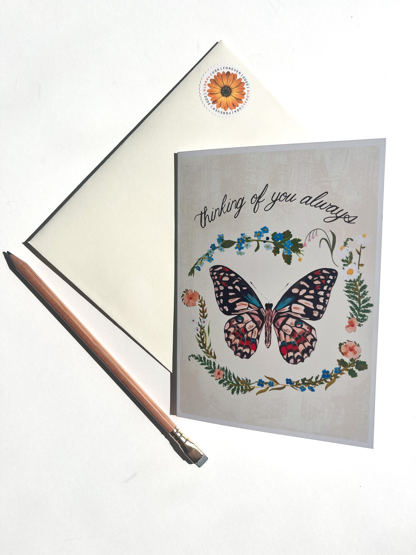 Thinking of You Always Greeting Card – 5x7 Butterfly & Floral Design with Matching Envelope Liner