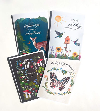 Nature-Themed Greeting Card Set – 4-Pack Illustrated Cards with Matching Envelopes | Birthday, Thank You, Encouragement & Everyday