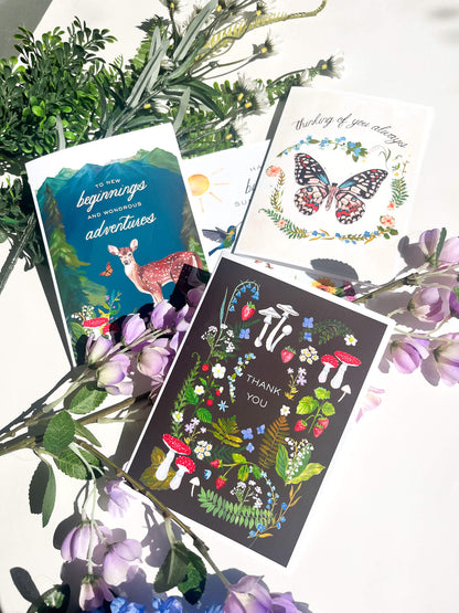 Nature-Themed Greeting Card Set – 4-Pack Illustrated Cards with Matching Envelopes | Birthday, Thank You, Encouragement & Everyday