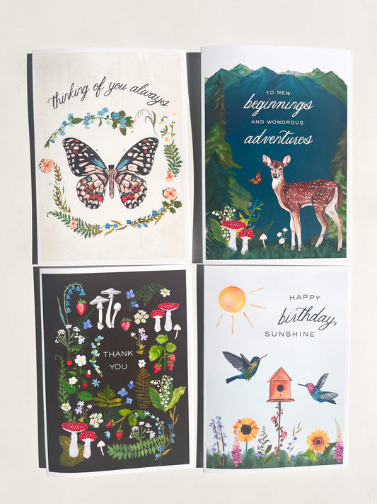 Nature-Themed Greeting Card Set – 4-Pack Illustrated Cards with Matching Envelopes | Birthday, Thank You, Encouragement & Everyday