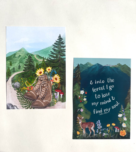 Forest Adventure Art Print Set – 2-Pack Matching Nature Prints with Hiking Boots & Mountain Quote | 5×7, 8×10, or 11×14