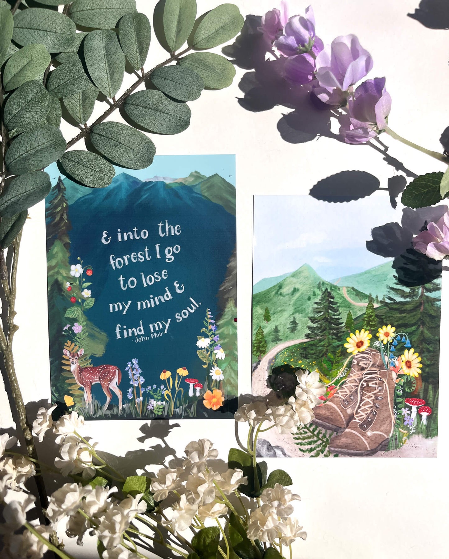 Forest Adventure Art Print Set – 2-Pack Matching Nature Prints with Hiking Boots & Mountain Quote | 5×7, 8×10, or 11×14