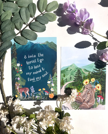 Forest Adventure Art Print Set – 2-Pack Matching Nature Prints with Hiking Boots & Mountain Quote | 5×7, 8×10, or 11×14
