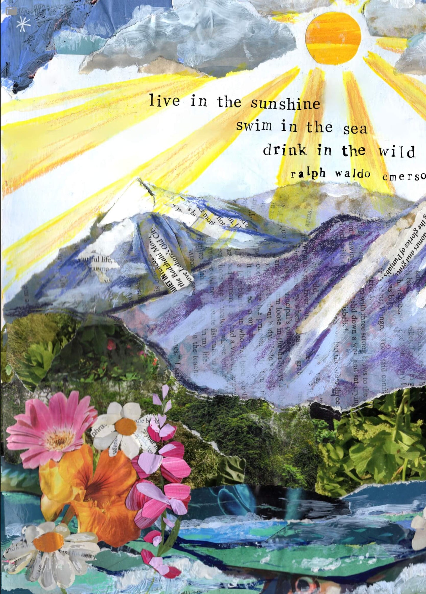 Collage with mountains, flowers, and a sun with text overlay on a blue background
