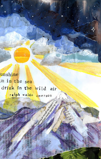 Collage with sun, mountains, and text overlay on a blue background