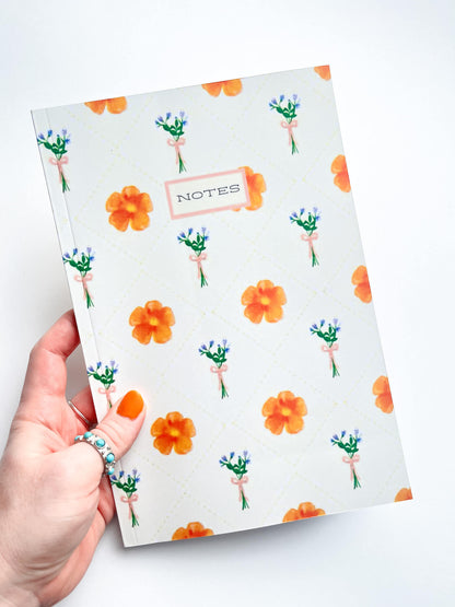 Orange Poppy Floral Notebook – Softcover, 100 Pages, Lined Journal with Plaid & Wildflower Border Art