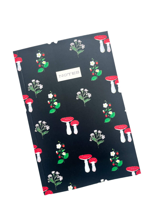Hand-Painted Mushroom & Strawberry Botanical Notebook – Lined Pages with Whimsical Garden Illustrations