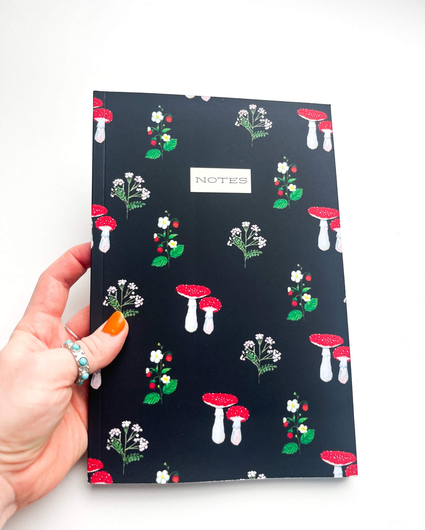 Hand-Painted Mushroom & Strawberry Botanical Notebook – Lined Pages with Whimsical Garden Illustrations