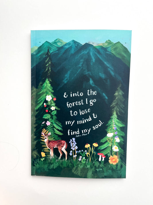 Wilderness Forest Notebook – Softcover, 100 Lined Pages, Nature Corner Art, Inspirational John Muir Quote
