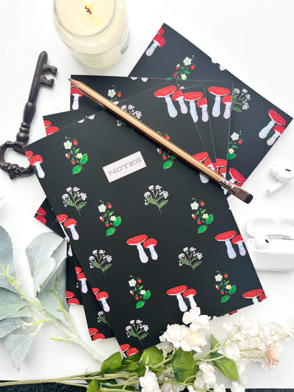 Hand-Painted Mushroom & Strawberry Botanical Notebook – Lined Pages with Whimsical Garden Illustrations