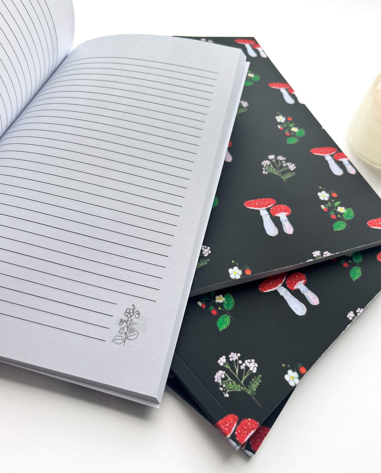 Hand-Painted Mushroom & Strawberry Botanical Notebook – Lined Pages with Whimsical Garden Illustrations