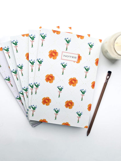 Orange Poppy Floral Notebook – Softcover, 100 Pages, Lined Journal with Plaid & Wildflower Border Art