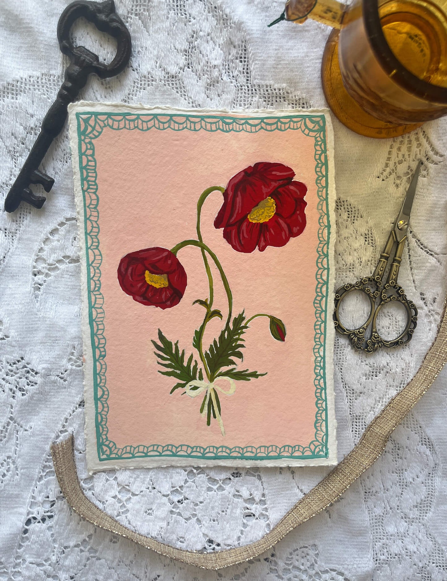 Original August Birth Month Flower Art – Poppy Flower Painting on Handmade Watercolor Paper – Hand-Painted Vintage Botanical Wall Art