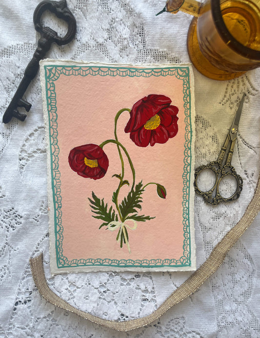 Original August Birth Month Flower Art – Poppy Flower Painting on Handmade Watercolor Paper – Hand-Painted Vintage Botanical Wall Art