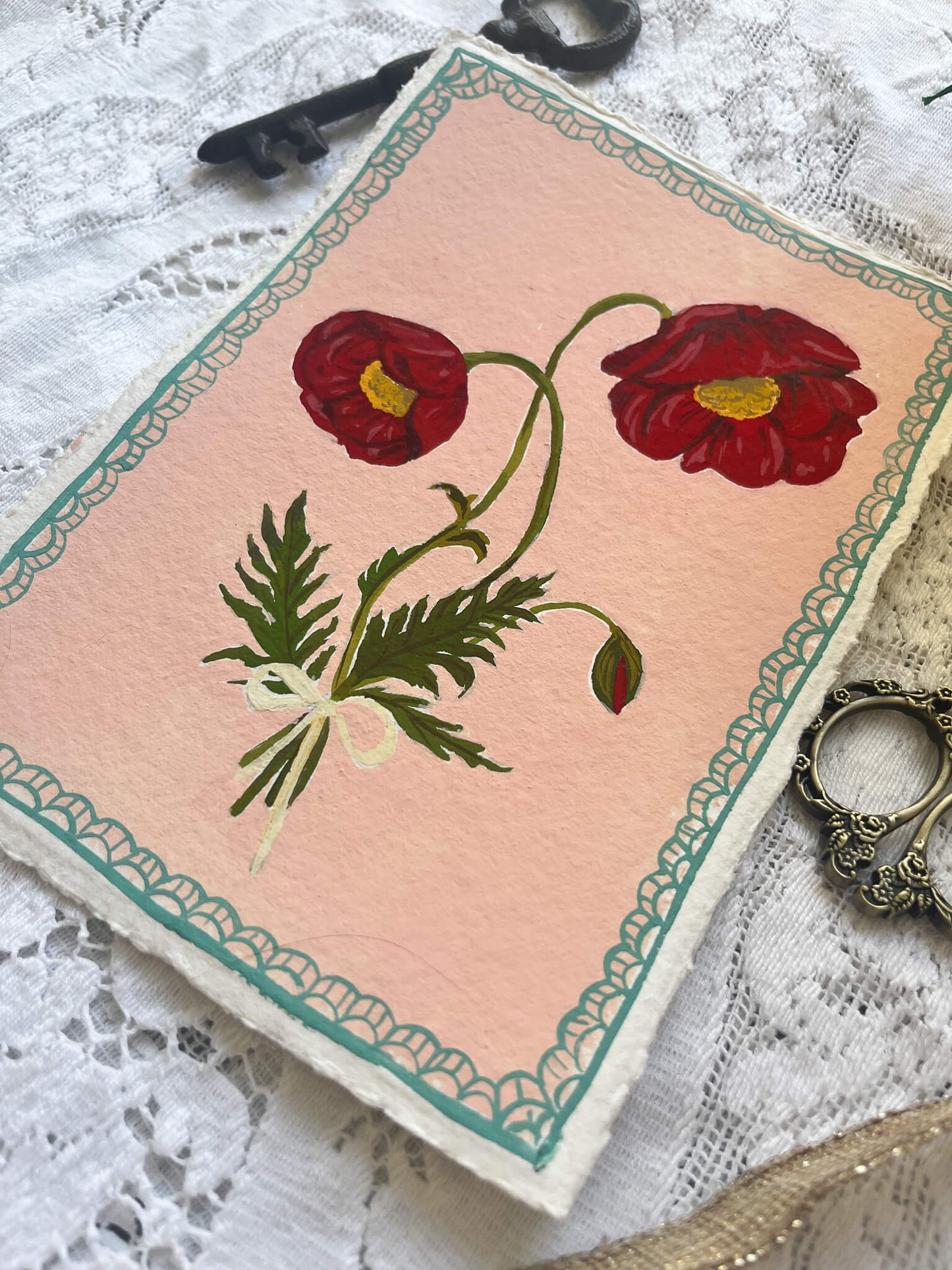 Original August Birth Month Flower Art – Poppy Flower Painting on Handmade Watercolor Paper – Hand-Painted Vintage Botanical Wall Art