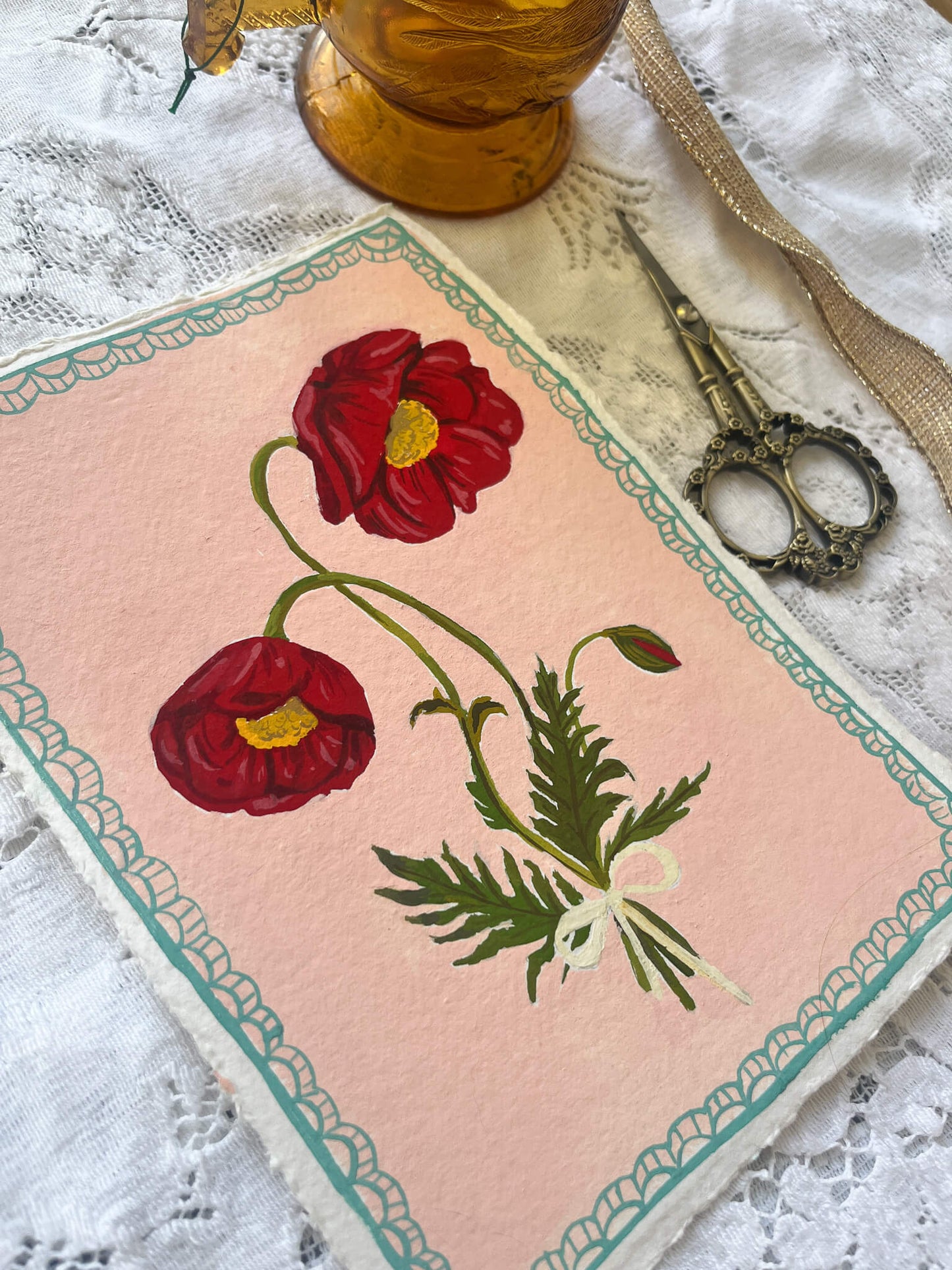 Original August Birth Month Flower Art – Poppy Flower Painting on Handmade Watercolor Paper – Hand-Painted Vintage Botanical Wall Art