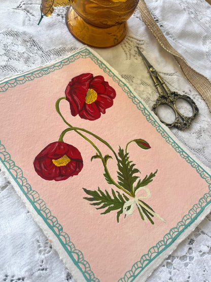 Original August Birth Month Flower Art – Poppy Flower Painting on Handmade Watercolor Paper – Hand-Painted Vintage Botanical Wall Art