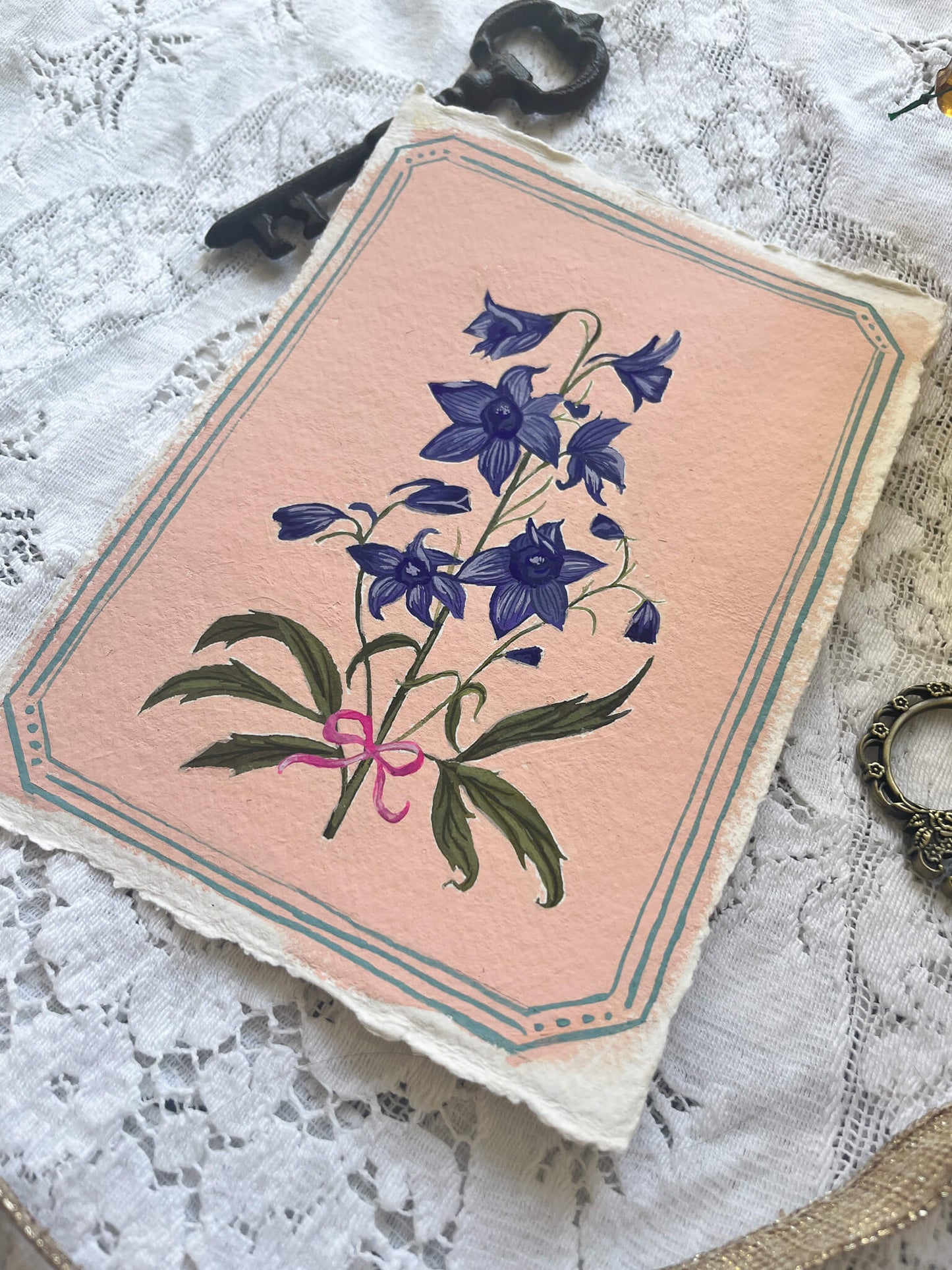Original July Birth Month Flower – Larkspur Flower Painting on Handmade Paper – Vintage Botanical Wall Art for Positivity & Charm