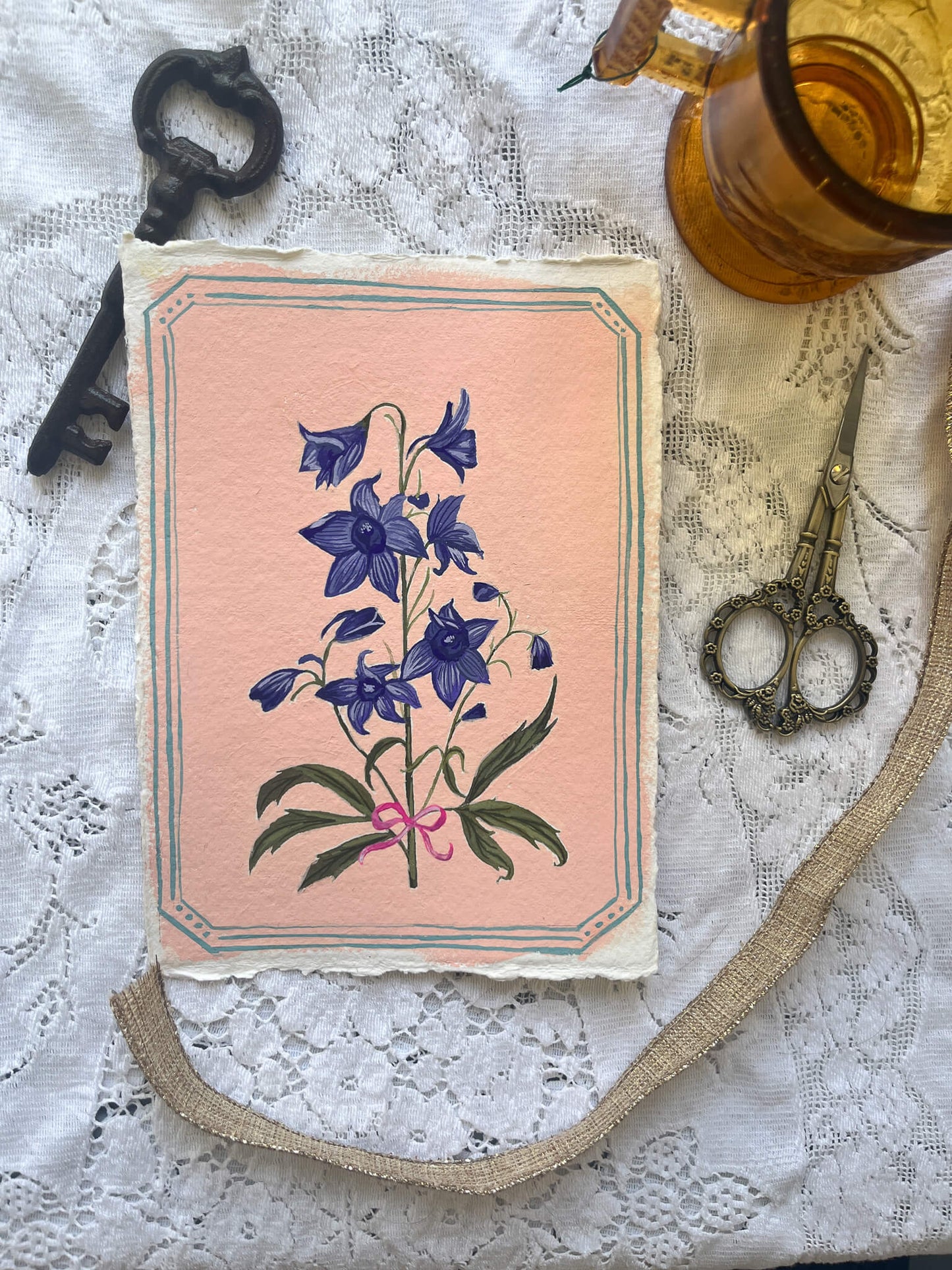Original July Birth Month Flower – Larkspur Flower Painting on Handmade Paper – Vintage Botanical Wall Art for Positivity & Charm