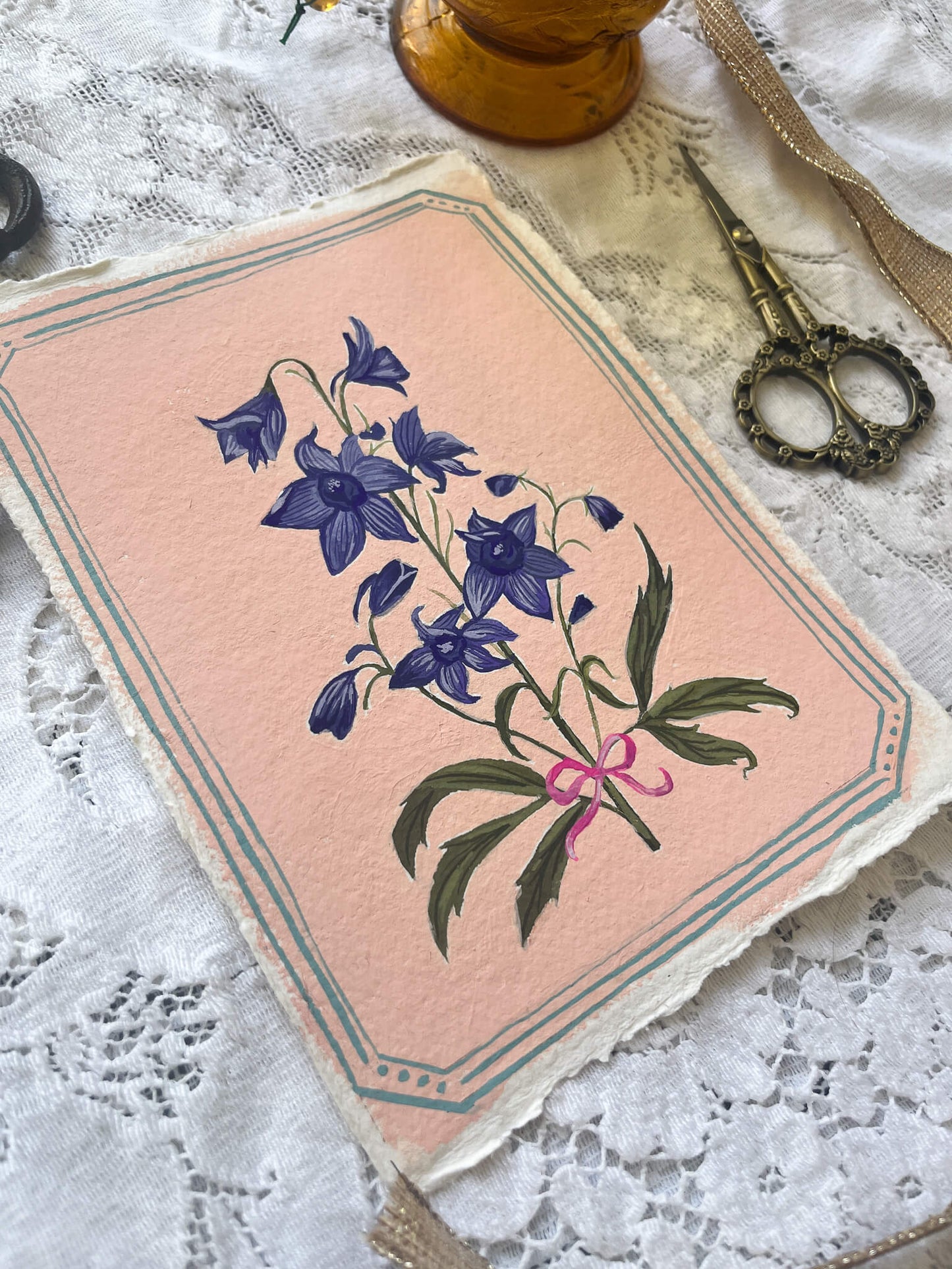 Original July Birth Month Flower – Larkspur Flower Painting on Handmade Paper – Vintage Botanical Wall Art for Positivity & Charm