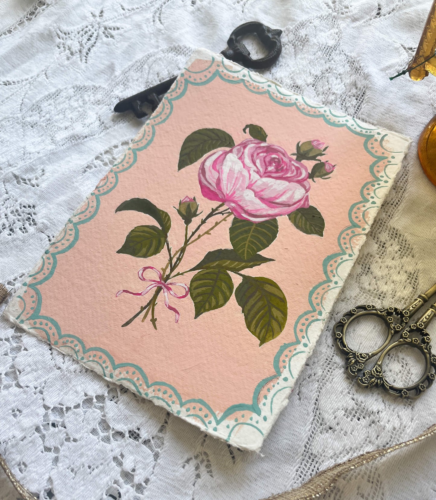 Original June Birth Flower Painting – Vintage Botanical Art on Handmade Paper – Hand-Painted Wall Art of Beauty & Passion