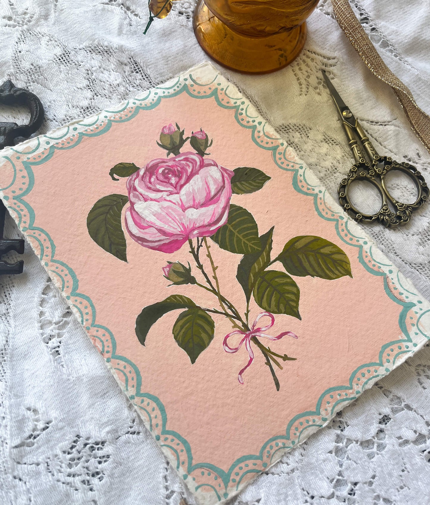 Original June Birth Flower Painting – Vintage Botanical Art on Handmade Paper – Hand-Painted Wall Art of Beauty & Passion