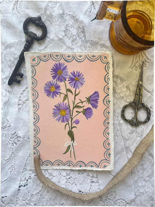 Original September Birth Month Flower – Aster Flower Painting on Handmade Paper – Vintage Botanical Artwork for Elegance & Valor