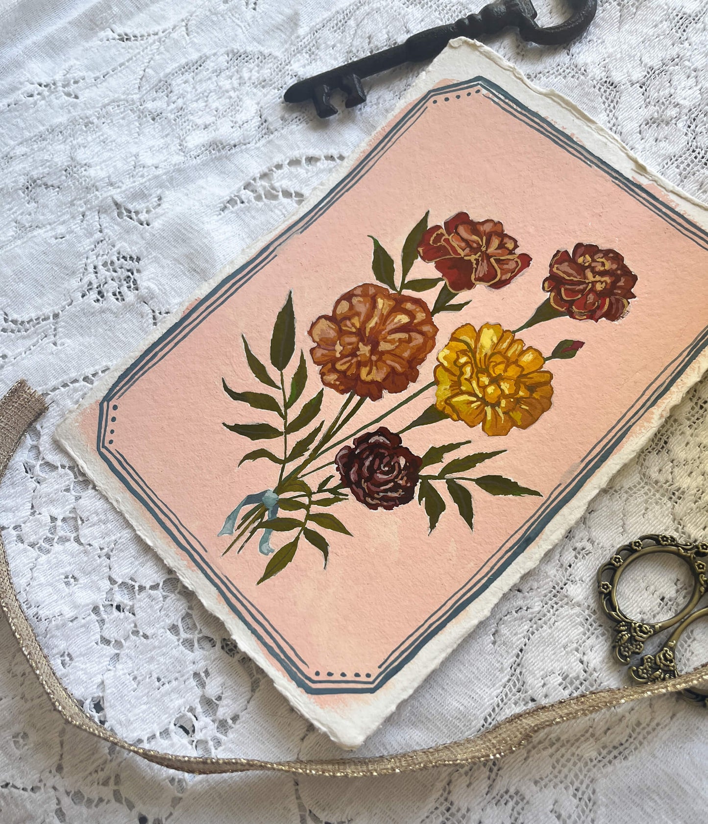 Original October Birth Month Flower Art Marigold Flower Painting – Marigold Flower Painting on Handmade Paper – Vintage Botanical Artwork