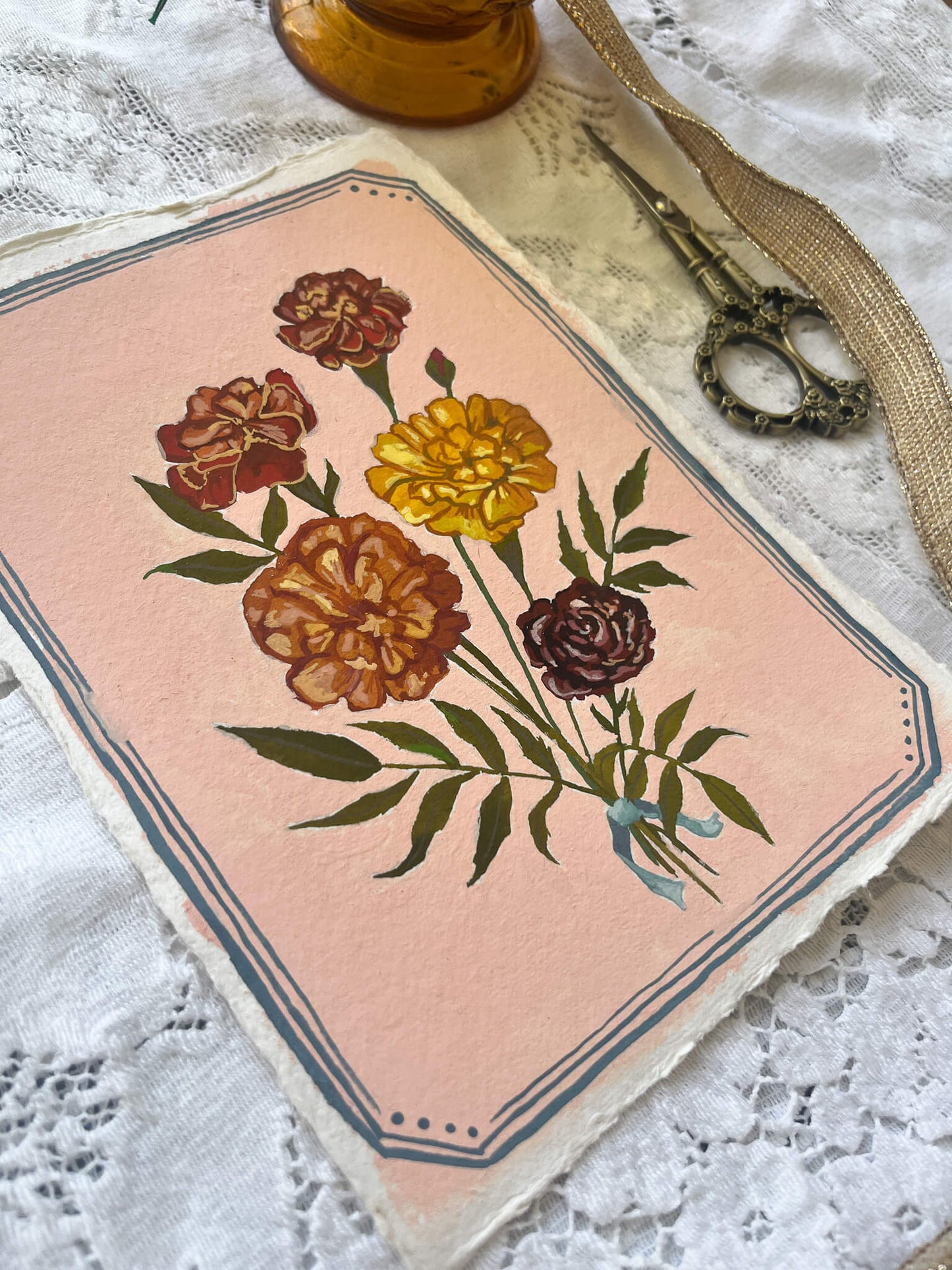 Original October Birth Month Flower Art Marigold Flower Painting – Marigold Flower Painting on Handmade Paper – Vintage Botanical Artwork