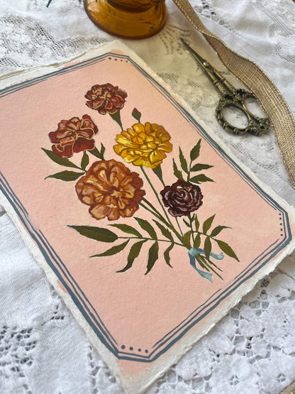 Original October Birth Month Flower Art Marigold Flower Painting – Marigold Flower Painting on Handmade Paper – Vintage Botanical Artwork