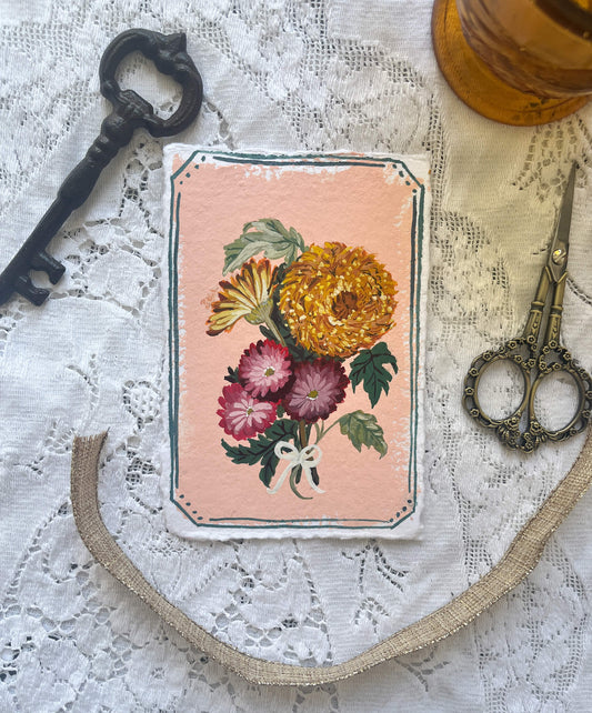 Original November Birth Month Flower – Chrysanthemum Flower Painting on Handmade Paper – Vintage Botanical Art for Friendship & Longevity