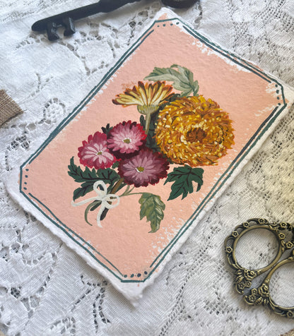 Original November Birth Month Flower – Chrysanthemum Flower Painting on Handmade Paper – Vintage Botanical Art for Friendship & Longevity