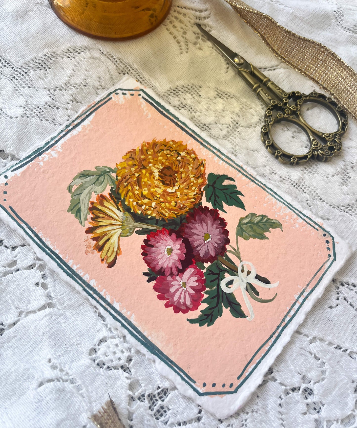 Original November Birth Month Flower – Chrysanthemum Flower Painting on Handmade Paper – Vintage Botanical Art for Friendship & Longevity