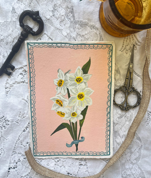 Original December Birth Month Flower Art– Narcissus Flower Painting on Handmade Paper – Vintage Botanical Artwork of Prosperity & Hope