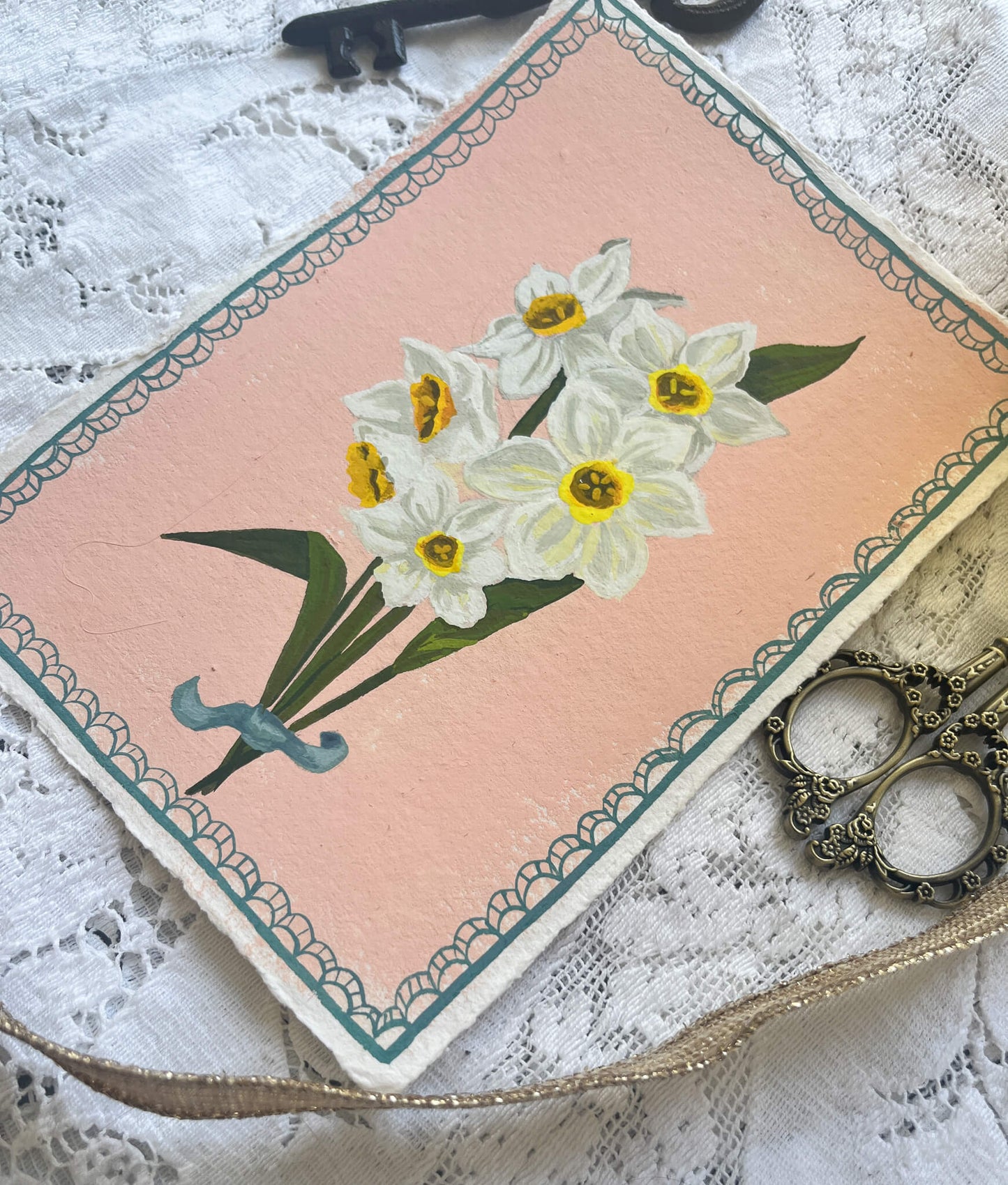 Original December Birth Month Flower Art– Narcissus Flower Painting on Handmade Paper – Vintage Botanical Artwork of Prosperity & Hope
