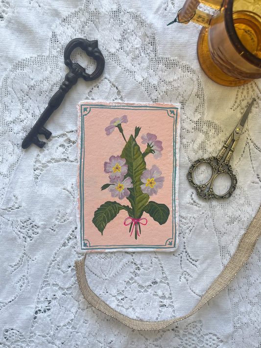 Original February Birth Month Flower Art - Primrose Vintage Flower Painting on Handmade Paper – Hand-Painted Botanical Gift