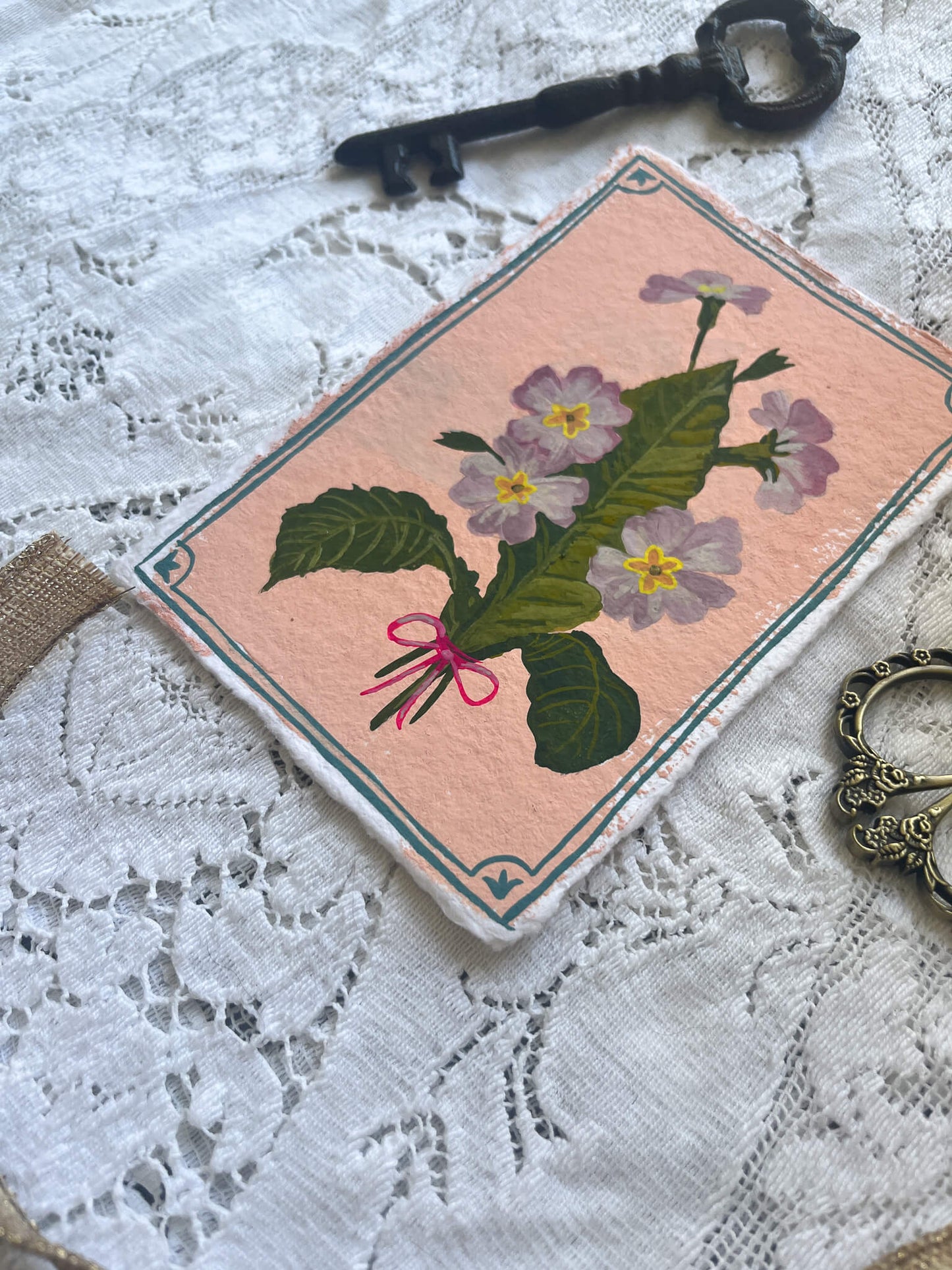 Original February Birth Month Flower Art - Primrose Vintage Flower Painting on Handmade Paper – Hand-Painted Botanical Gift