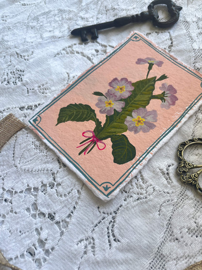 Original February Birth Month Flower Art - Primrose Vintage Flower Painting on Handmade Paper – Hand-Painted Botanical Gift