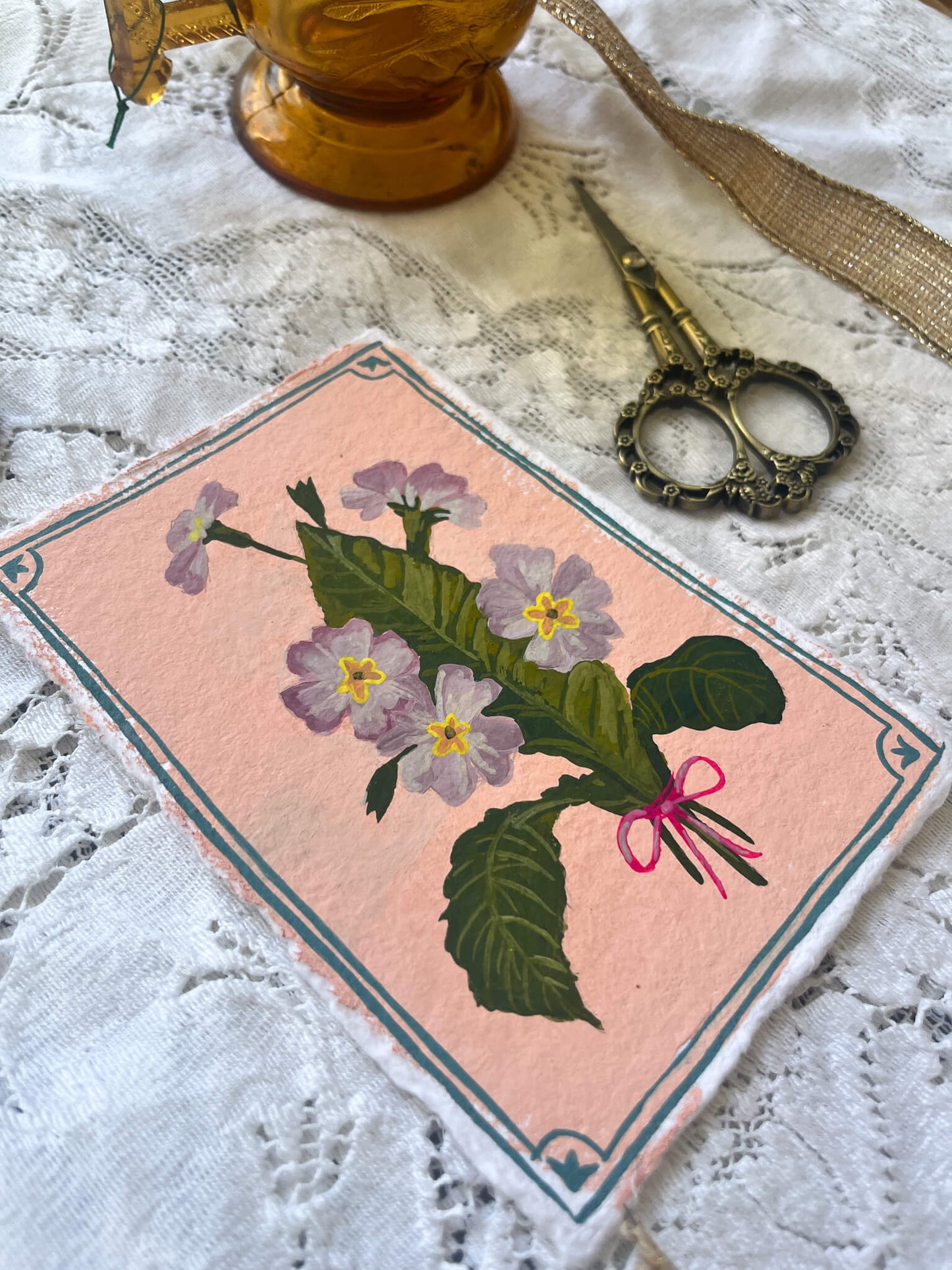 Original February Birth Month Flower Art - Primrose Vintage Flower Painting on Handmade Paper – Hand-Painted Botanical Gift