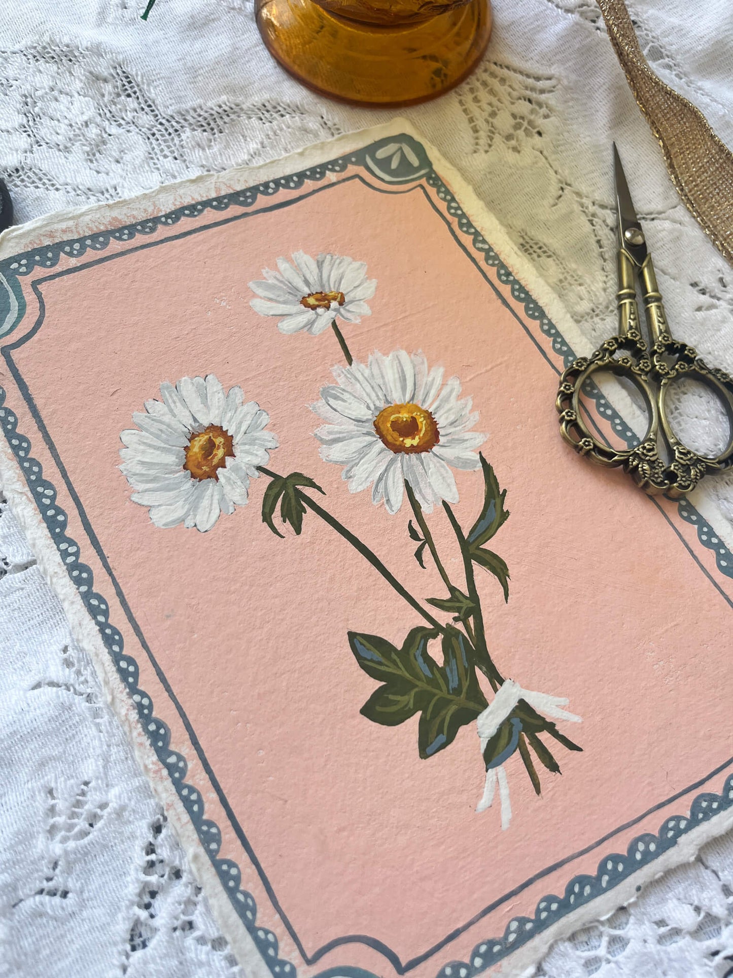 Original April Birth Flower Painting – Daisy Art on Handmade Paper – Vintage Botanical  Wall Art for Cheer & Optimism